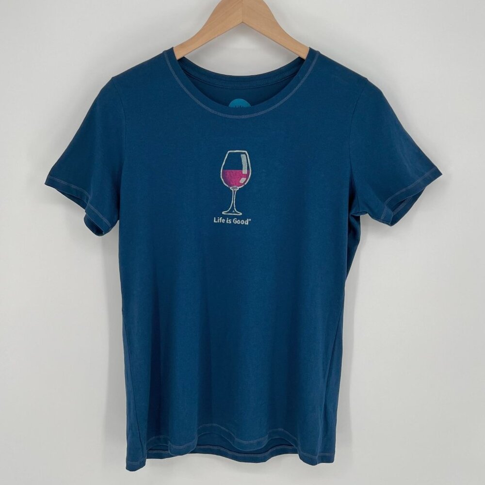 Life Is Good Women Wine‎ Glass Classic Fit T Shirt Size M Blue Short Sleeve Crew